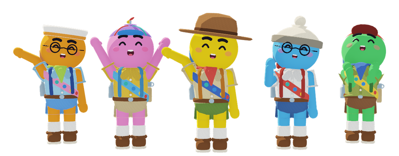 Five scouts in different colors and hats, waving, cheering and laughing