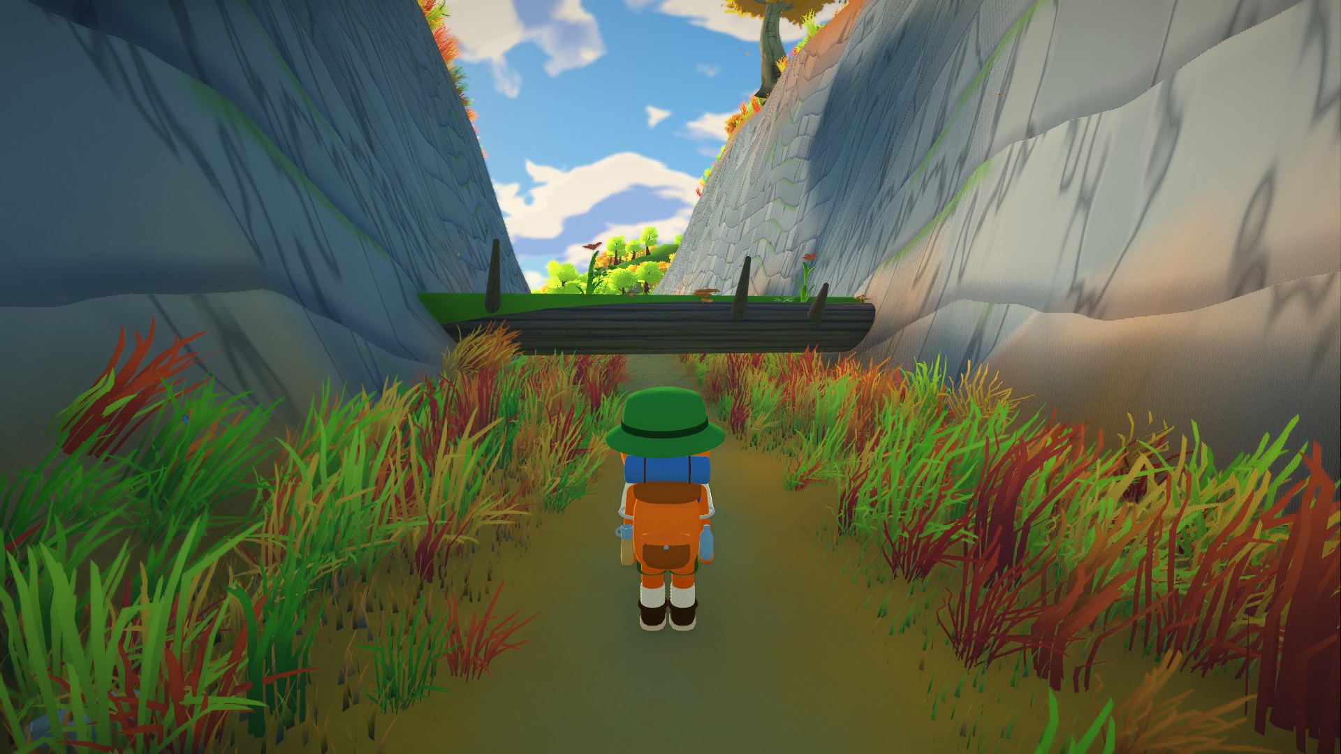 Your scout in a narrow rocky gorge, a huge fallen trunk across the path