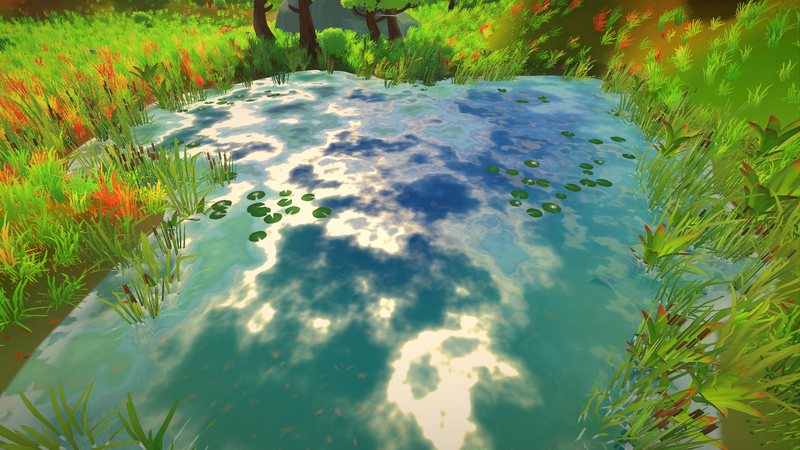 A pond with lily pads and cattails