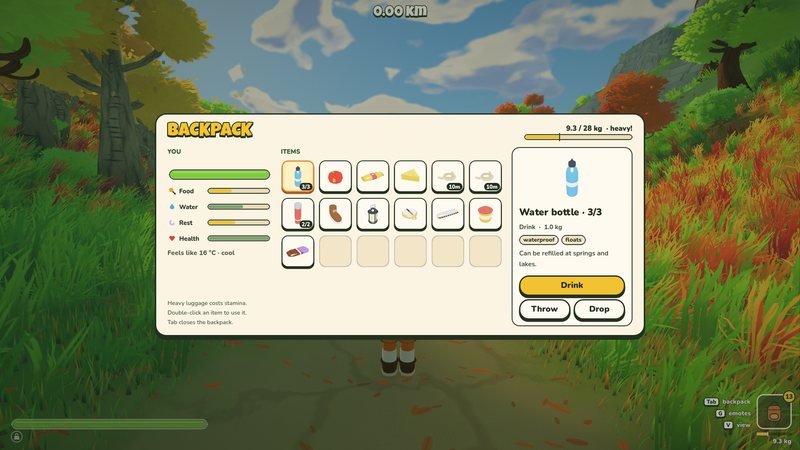 The backpack screen with item slots and details
