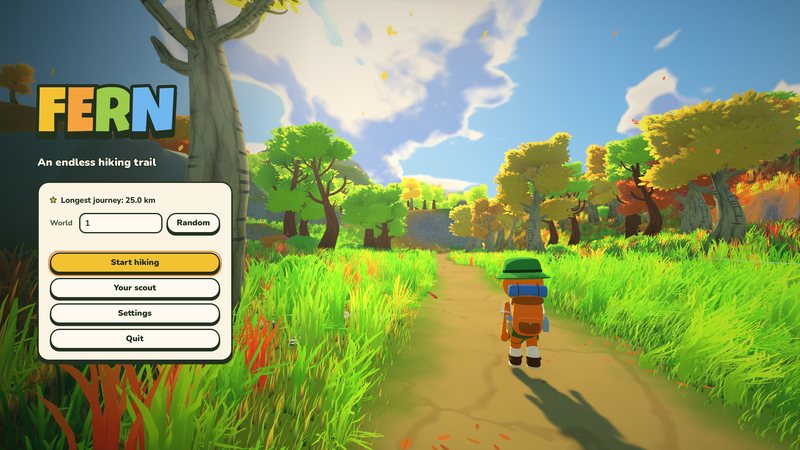The title screen with the menu and the scout on the trail